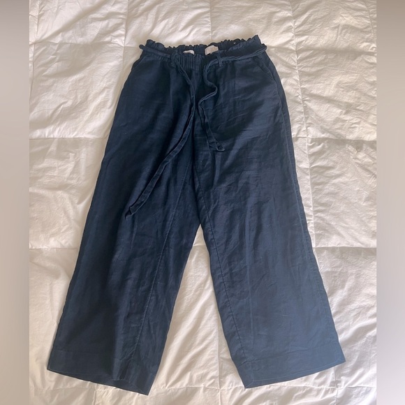 Loft Wide Leg Linen Blend Pants Drawstring Waist Pull On Navy Blue Size XS - Picture 1 of 7